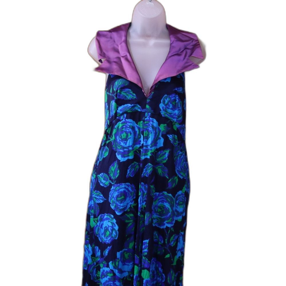 Vintage 1970s Handmade Navy Blue Floral Maxi Dress Large Collar Long Dress 62"